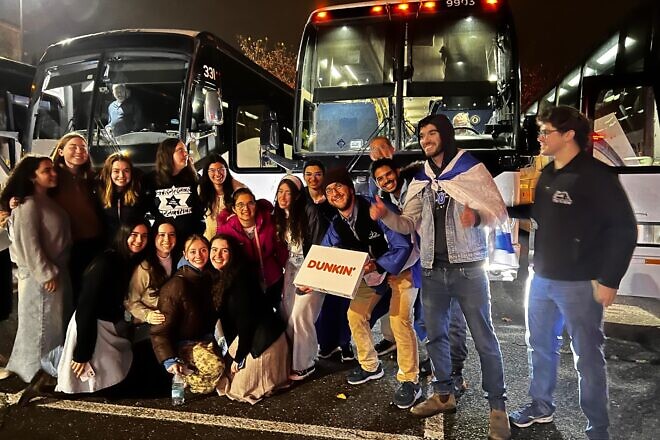 Yeshiva University students pose in Washington, D.C., before boarding buses to return to New York after a “Stand Together” pro-Israel rally at the District’s Nationals Park baseball stadium, on Nov. 10, 2024. Credit: Courtesy.