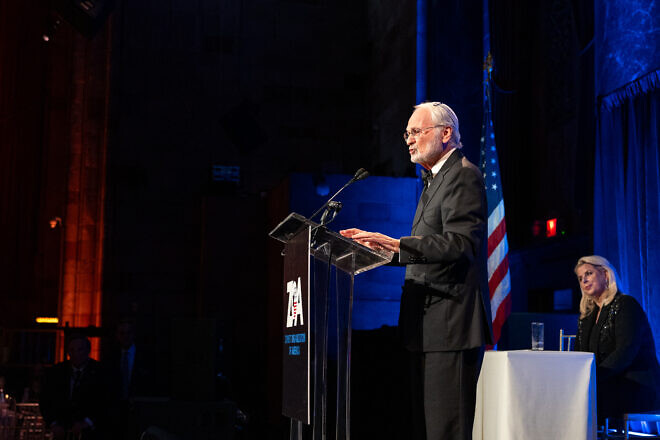 Morton Klein, national president of the Zionist Organization of America, speaks at the ZOA Superstar Gala at Cipriani 42nd Street in Manhattan, Nov. 17, 2024. Credit: ZOA.