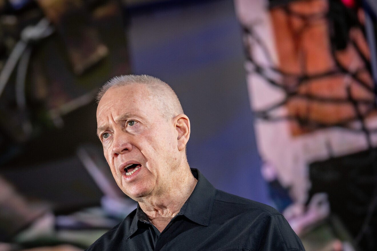 Yoav Gallant speaks at a state ceremony at Mount Herzl military cemetery in Jerusalem on Oct. 27, 2024. Photo by Chaim Goldberg/Flash90.