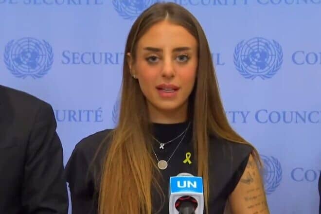 Mia Shem speaks at a press conference outside the U.N. Security Council in New York on Nov. 6, 2024. Photo courtesy of Israeli Ambassador to the U.N. Danny Danon.