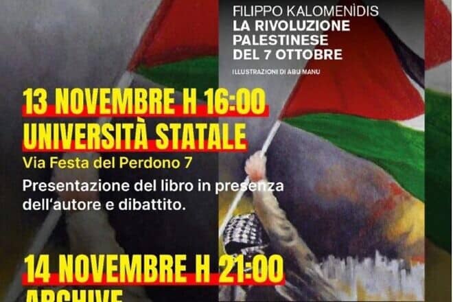 A flier promoting a book tour event at the University of Milan on Nov. 13, 2024, that celebrates the Oct. 7, 2023, massacres. Credit: Courtesy of Mosaico-CEM.
