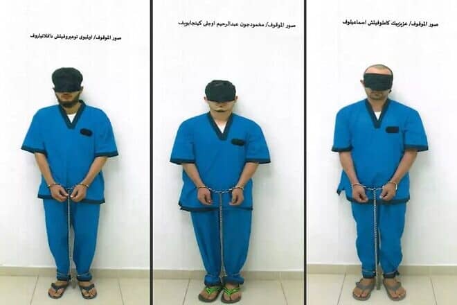 The three Uzbek nationals arrested as suspects in the murder of Chabad Rabbi Zvi Kogan. Source: UAE Interior Ministry/X.