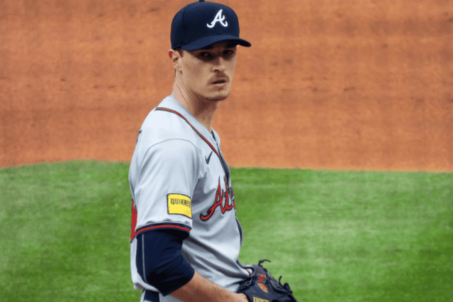 Starting pitcher Max Fried for the Atlanta Braves during the first inning of an MLB game at Citizens Bank Park on March 30, 2024. Credit: Zach McHoul via Wikimedia Commons.