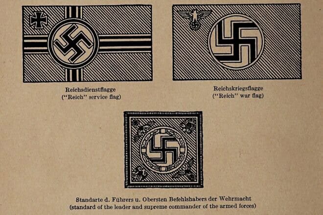 A page from the U.S. military's Handbook on German Army Identification (1943) on Nazi flags, including the personal standard of Adolf Hitler. Credit: Wikimedia Commons