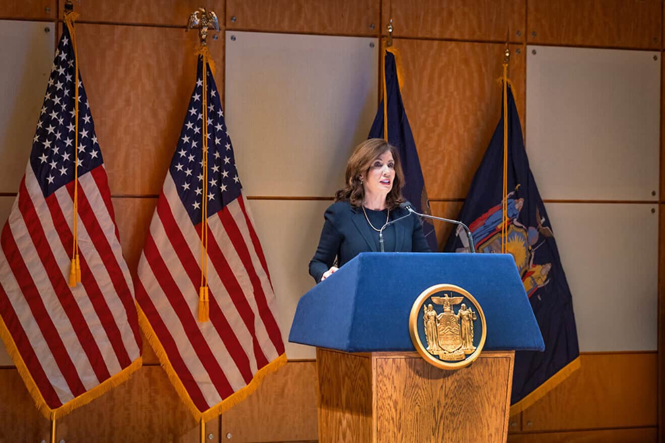 New York Gov. Kathy Hochul speaking at inaugural convening against antisemitism at Anti-Hate in Education Center in New York City on Dec. 5, 2024. Credit: Center for Jewish History.