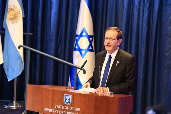 Israeli President Isaac Herzog attends a gala event at the Foreign Ministry in Jerusalem to mark 75 years of diplomatic relations between Israel and Argentina, on Dec. 16, 2024. Credit: Courtesy.
