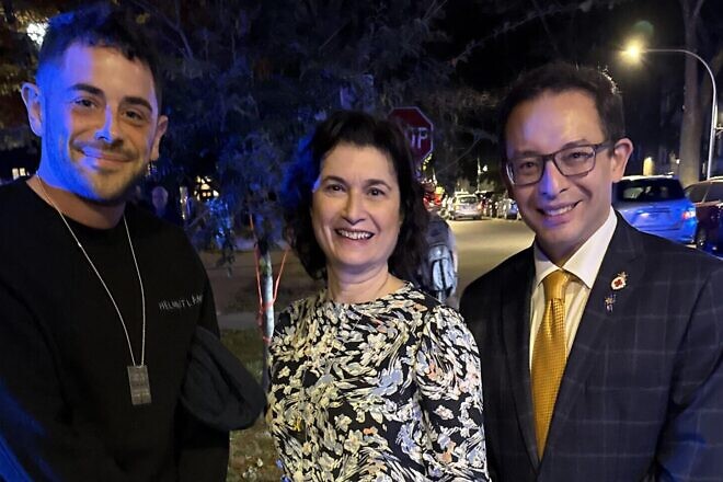 (From left) Daniel Schwartz, co-founder of the Chicago Jewish Alliance; Debra Silverstein, alderman of Chicago's 50th Ward; and Raymond Lopez, alderman of Chicago's 15th Ward at a rally in Chicago organized by the CJA on Oct. 30, 2024. Credit: Chicago Jewish Alliance.