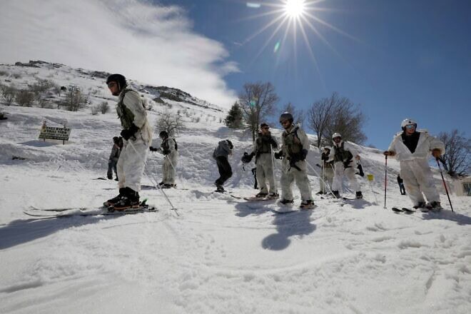 Soldiers from the IDF Alpinist Unit at the Mount Hermon ski resort on the Golan Heights, Feb. 21, 2022. Photo by Jalaa Marey/AFP via Getty Images.