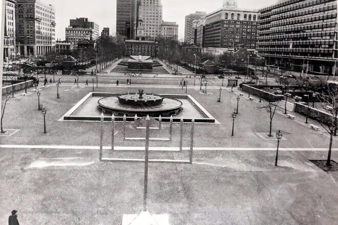 The first public menorah was lit at Independence Mall in Philadelphia 50 years ago. Today, the Chabad-Lubavitch movement erects some 15,000 giant Chanukah menorahs on public squares acround the world. In this 1976 photo, the Philadelphia menorah towers over Rabbi Abraham Shemtov (bottom left), director of Chabad of Philadelphia. The menorah that year was a part of the city's Bicentennial celebrations. Credit: Lubavitcher Center of Philadelphia via Chabad.org/News.