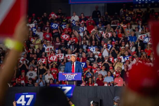 Republican presidential candidate Donald Trump speaks at a rally at Mullett Arena on Arizona State University campus in Tempe, Ariz. on Oct. 24, 2024. Photo by Ash Ponders for “The Washington Post” via Getty Images.