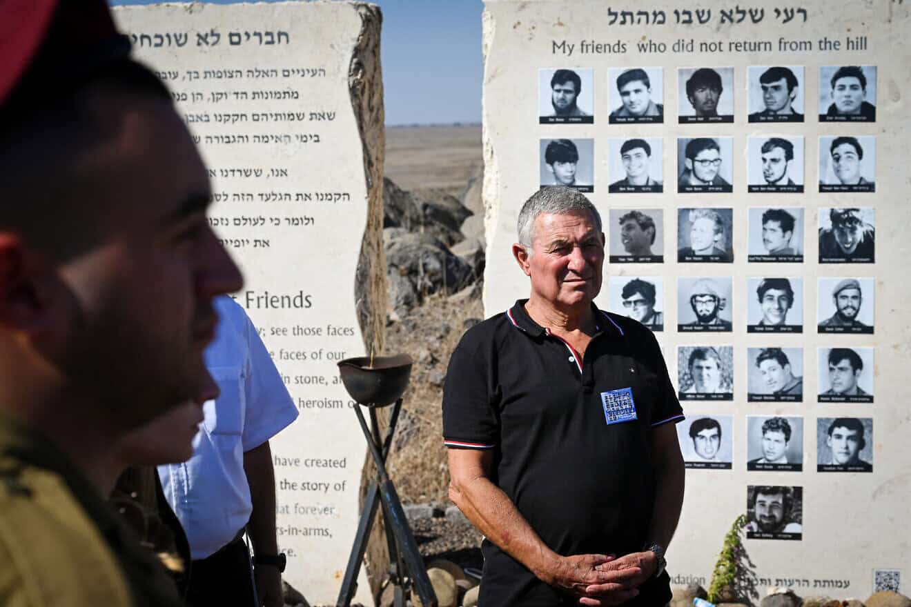 Doron Almog, chairman of the Jewish Agency, attends a memorial ceremony for IDF soldiers who died in the Battle of Tel Saki during the Yom Kippur War, at the Tel Saki Memorial Site near Moshav Ramat Magshimim on the Golan Heights, Sept. 27, 2023. Photo by Michael Giladi/Flash90.
