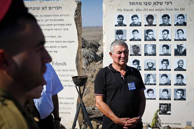 Doron Almog, chairman of the Jewish Agency, attends a memorial ceremony for IDF soldiers who died in the Battle of Tel Saki during the Yom Kippur War, at the Tel Saki Memorial Site near Moshav Ramat Magshimim on the Golan Heights, Sept. 27, 2023. Photo by Michael Giladi/Flash90.