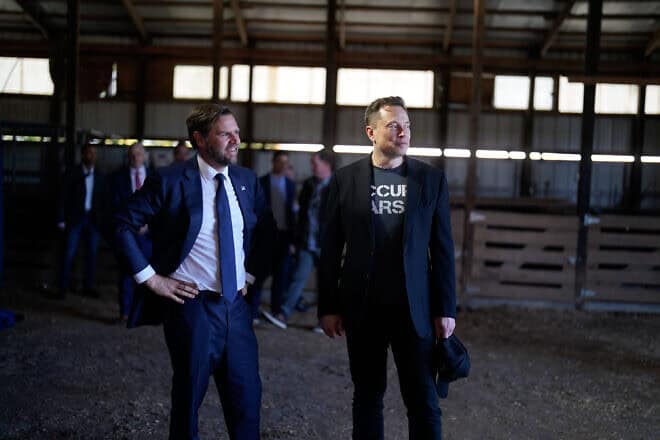 Republican vice-presidential nominee Sen. J.D. Vance (R-Ohio) and billionaire entrepreneur Elon Musk ahead of a campaign event at the Butler Farm Show in Butler, Pa., on Oct. 5, 2024. Photo by Jabin Botsford/The Washington Post via Getty Images.