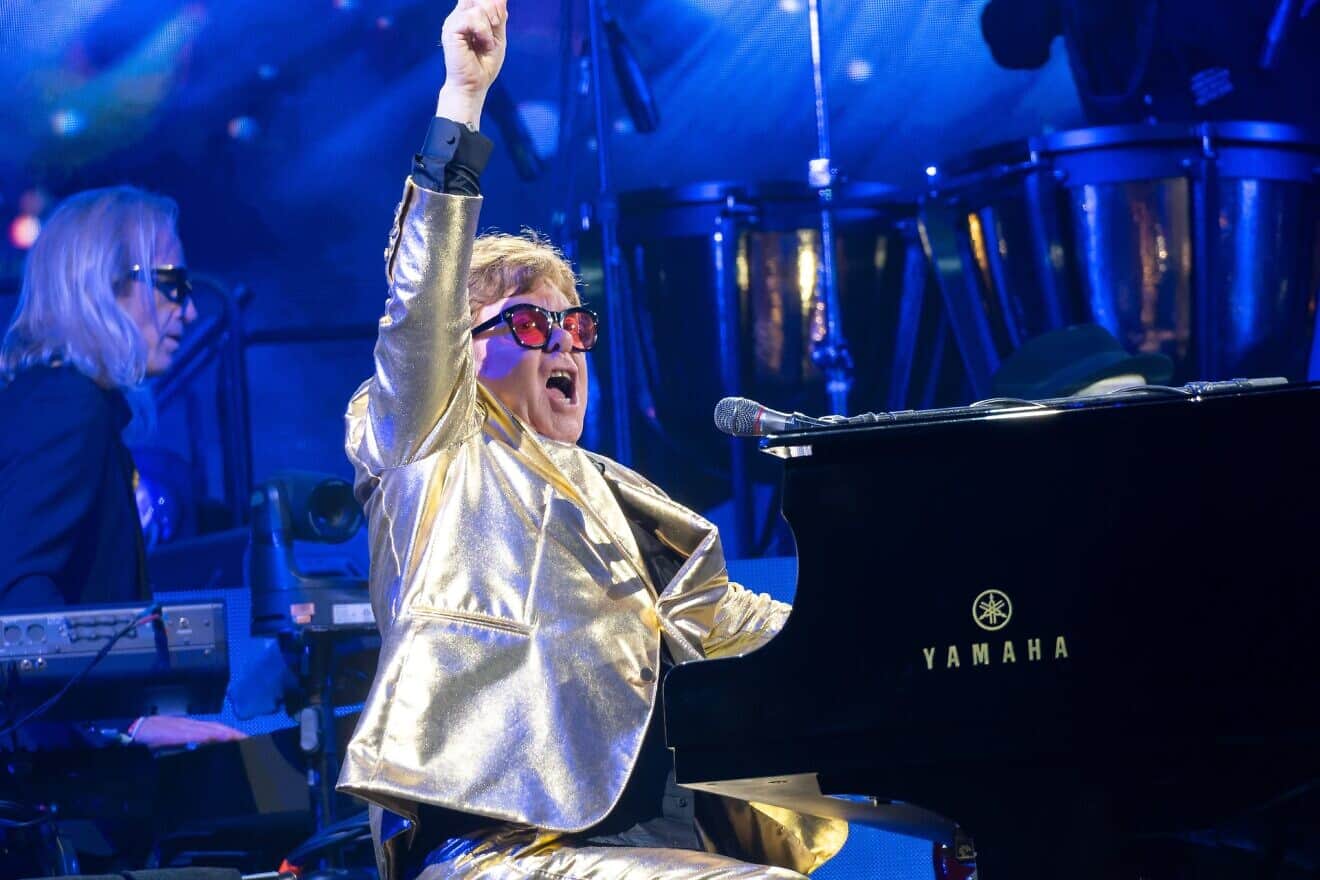 Musician Elton John performs "Rocket Man" during his Glastonbury Festival show, June 25, 2023. Credit: Raph_PH via Wikimedia Commons.