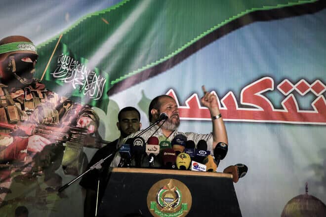 Hamas's Khalil al-Hayya speaks at a terrorist rally in Rafah in the southern Gaza Strip, Sept. 15, 2015. Photo by Emad Nassar/Flash90.