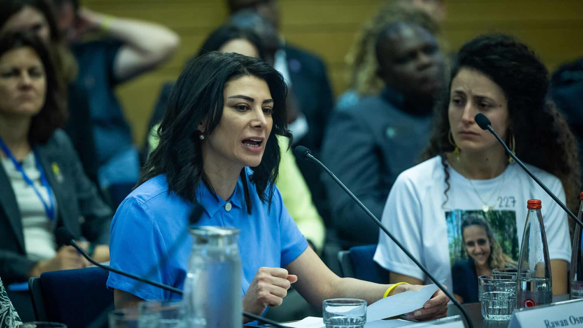 Syrian-Lebanese peace activist Rawan Osman addresses a meeting of the “Global Women’s Coalition Against Gender-Based Violence as a Weapon of War" at the Knesset in Jerusalem, May 20, 2024. Photo by Yonatan Sindel/Flash90.