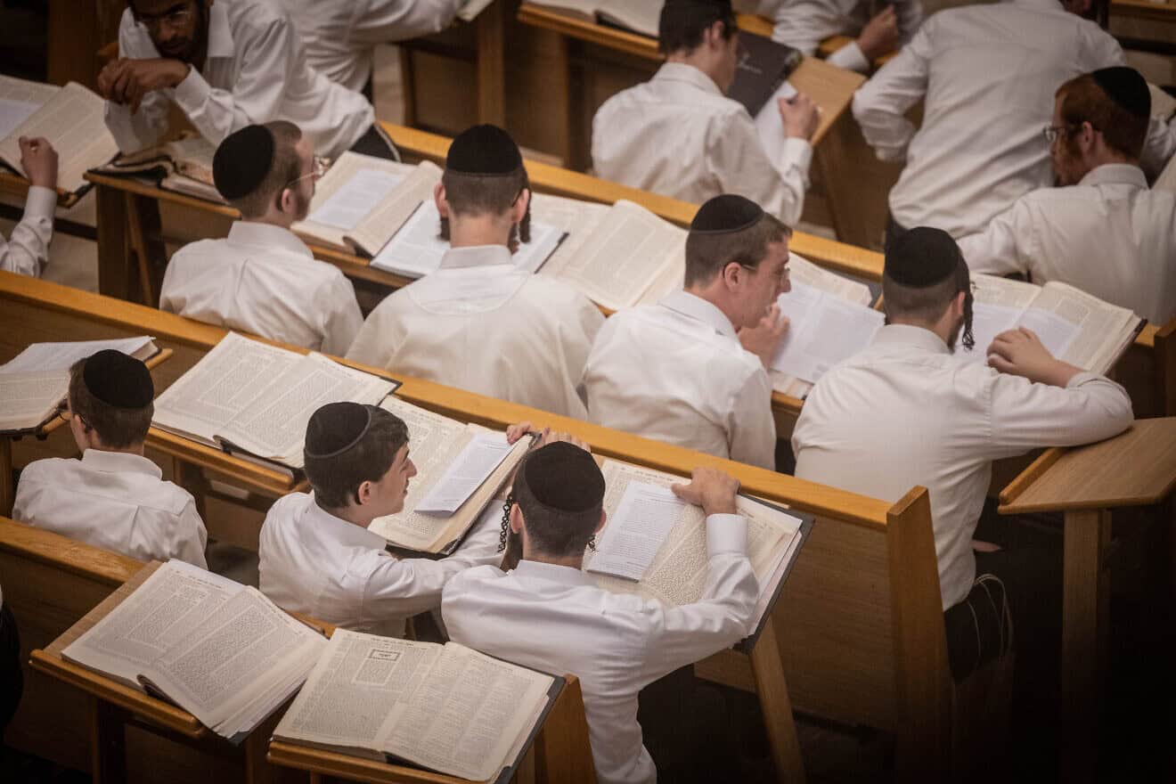 Jewish yeshivah students study at the Kamenitz Yeshiva, in Jerusalem on Sept. 9, 2024. Photo by Chaim Goldberg/Flash90.