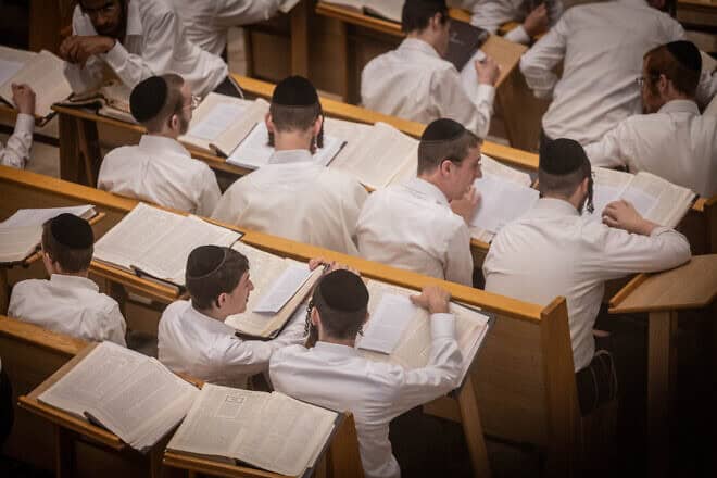 Jewish yeshivah students study at the Kamenitz Yeshiva, in Jerusalem on Sept. 9, 2024. Photo by Chaim Goldberg/Flash90.