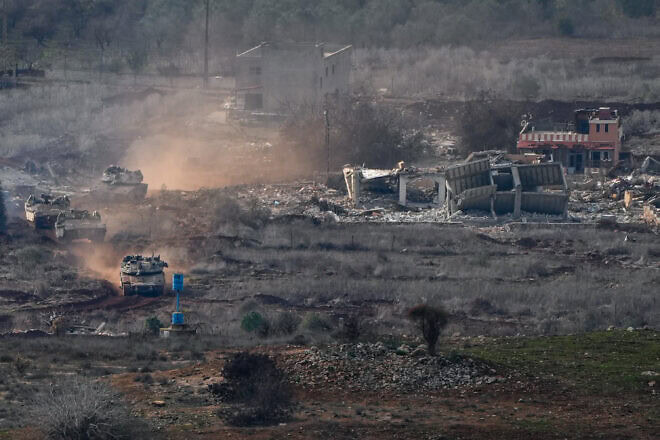 Israeli tanks leaving Meiss al Jabal in Southern Lebanon on Dec. 4, 2024. Photo by Ayal Margolin/Flash90.