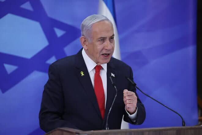 Prime Minister Benjamin Netanyahu holds a press conference at his office in Jerusalem. Dec. 9, 2024. Photo by Yonatan Sindel/Flash90.