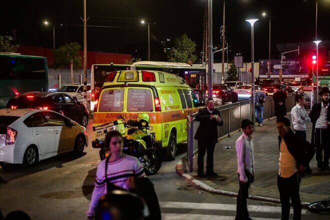 The scene of a terror ramming attack in Bnei Brak, Dec. 10, 2024. Photo by Avshalom Sassoni/Flash90.