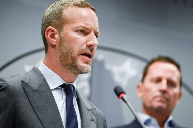 U.S. President Donald Trump's special envoy for hostage affairs Adam Boehler, speaking in his previous role as CEO of the United States International Financial Development Corporation, during a press conference with Kosovo's prime minister in Pristina on Sept. 21, 2020. Photo by Armend Nimani/AFP via Getty Images.