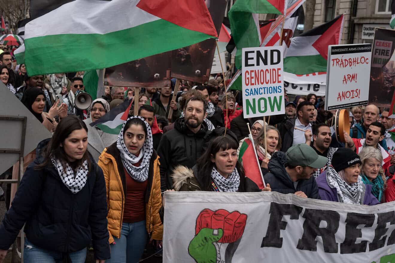 A protest held by the Ireland-Palestine Solidarity Campaign, Dublin, Ireland, Feb. 17, 2024. Photo by Natalia Campos/Getty Images.