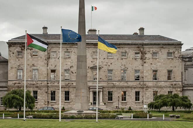 The Palestinian flag is flown at Leinster House of the Irish Parliament as Ireland formally recognizes the State of Palestine, Dublin, May 28, 2024. Photo by Natalia Campos/Getty Images.