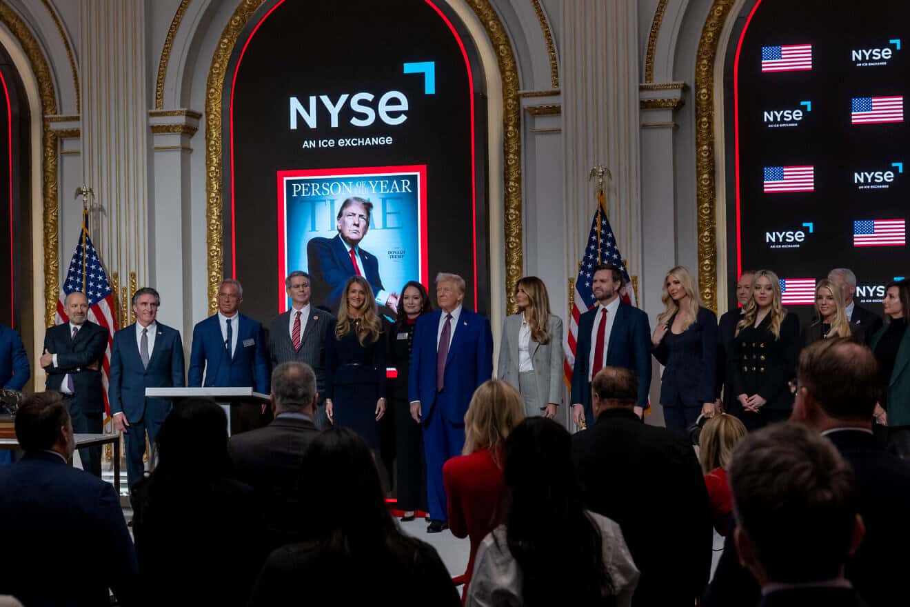 President-elect Donald Trump is joined by members of his family and cabinet as he speaks at a reception at the New York Stock Exchange (NYSE) where he was invited after becoming TIME’s “Person of the Year” for the second time on Dec. 12, 2024 in New York City. Photo by Spencer Platt/Getty Images.