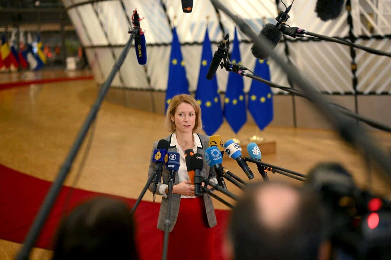 E.U. High Representative for Foreign Affairs and Security Policy Kaja Kallas speaks to the press as she arrives to chair a Foreign Affairs Council meeting in Brussels, Dec. 16, 2024. Photo by Nicolas Tucat/AFP via Getty Images.