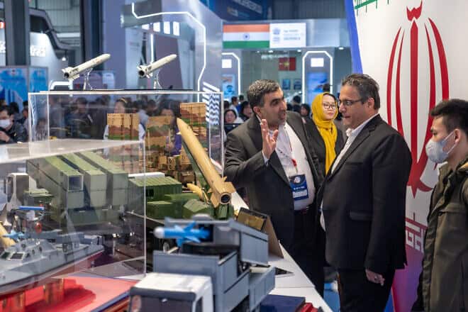 The booth of the Ministry of Defense of the Islamic Republic of Iran during the Vietnam International Defense Expo 2024 at Gia Lam Airport in Hanoi, Vietnam, on Dec. 21, 2024. Photo by Linh Pham/Getty Images.