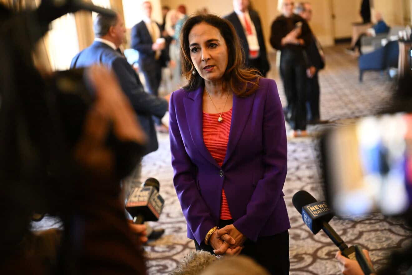 Harmeet Dhillon, then a candidate for the Republican Party chair, speaks to the media after GOP chair Ronna McDaniel was re-elected during the 2023 Republican National Committee Winter Meeting in Dana Point, Calif., on Jan. 27, 2023. Photo by Patrick T. Fallon/AFP via Getty Images.