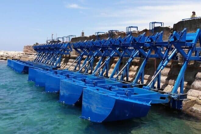 "Floaters" at the Jaffa Port wave energy pilot installation. Credit: Eco Wave Power.