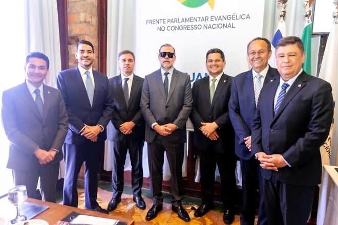 From left: Marcos Pereira, vice president of the House of Representatives in Brazil; Jorge Messias, the attorney general of Brazil; André Mendonça, judge of the Supreme Court of Brazil; Dias Tofoli, judge of the Supreme Court of Brazil; David Alcolumbre, incoming president of the Senate; Silas Camara, president of the Evangelical Caucus of the House of Representatives; Sen. Carlos Viana, president of the Brazilian-Israeli Caucus at the Senate and president of the Evangelical Caucus at the Senate of Brazil. Credit: Courtesy of the Attorney General's Office of Brazil.
