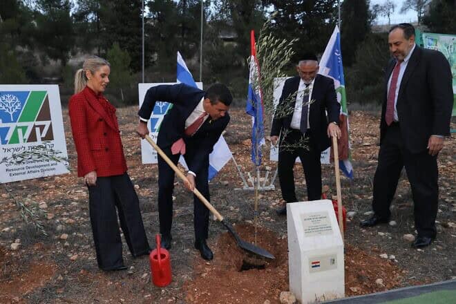 David Yaari, vice chairman of KKL-JNF (right), and Yitzhak Vaknin, co-chairman of KKL-JNF, with Santiago Peña, the president of Paraguay, as he plants a tree in Jerusalem on Dec. 11, 2024. Credit: Alex Kolomoisky/KKL-JNF Photo Archive.