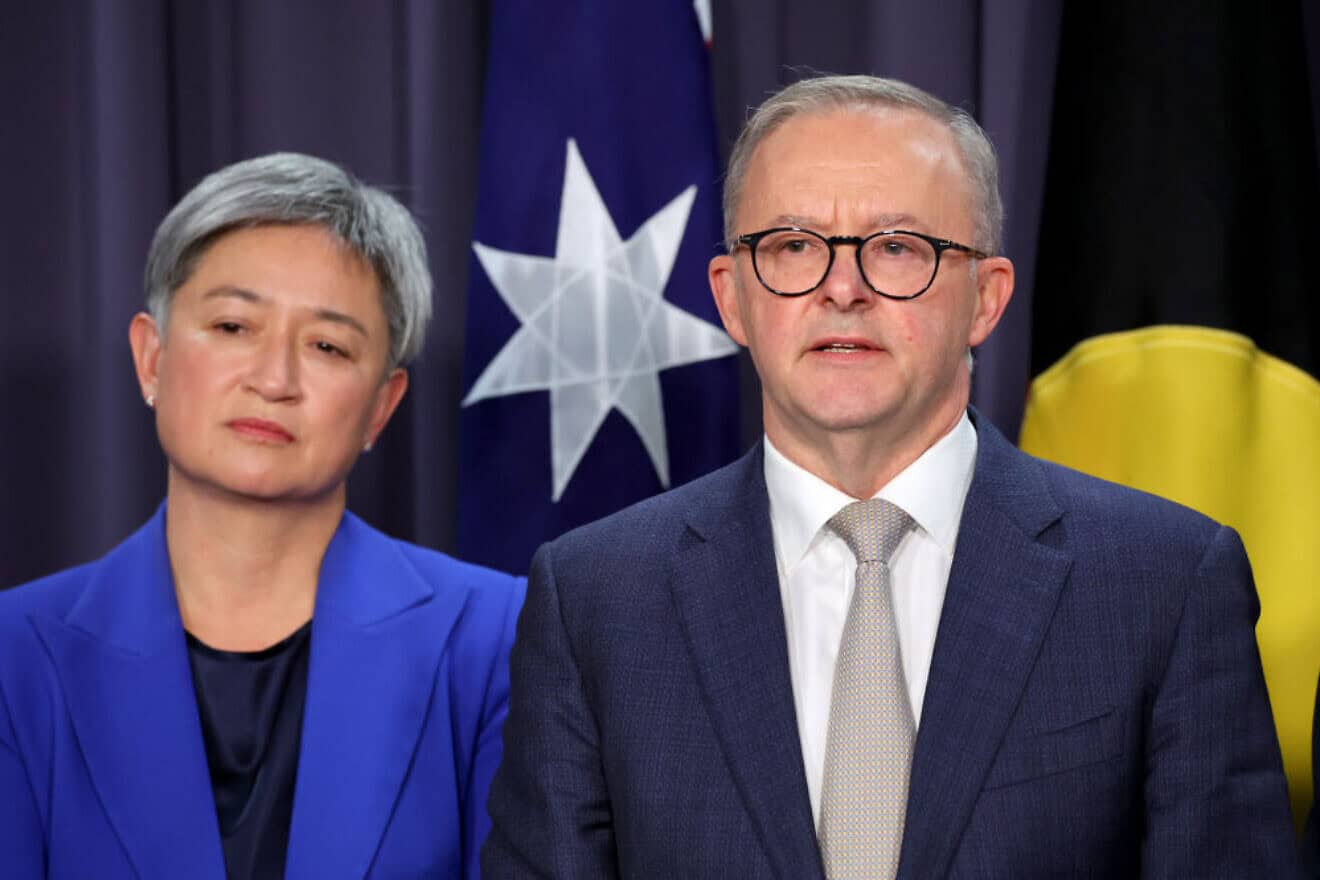Australian Prime Minister Anthony Albanese speaks next to newly appointed Foreign Minister Penny Wong during a press conference at Parliament House in Canberra on May 23, 2022. Photo by David Gray/Getty Images.