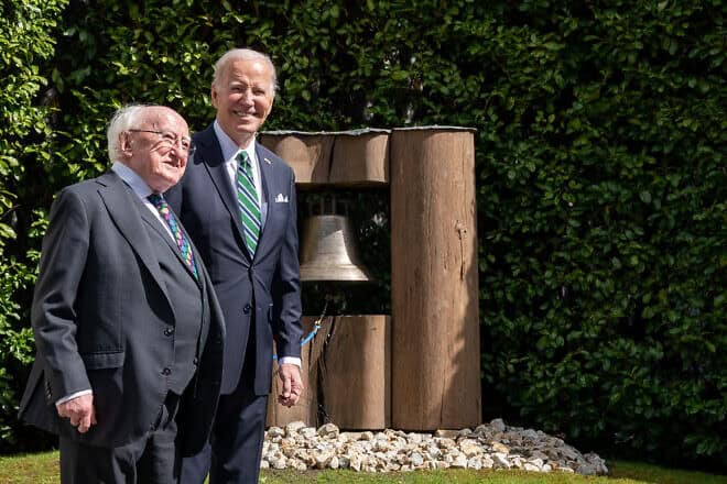 U.S. President Biden met with Ireland's President Michael Higgins to participate in a tree-planting ceremony and ring the Peace Bell, April 13, 2023. Credit: The White House via Wikimedia Commons.