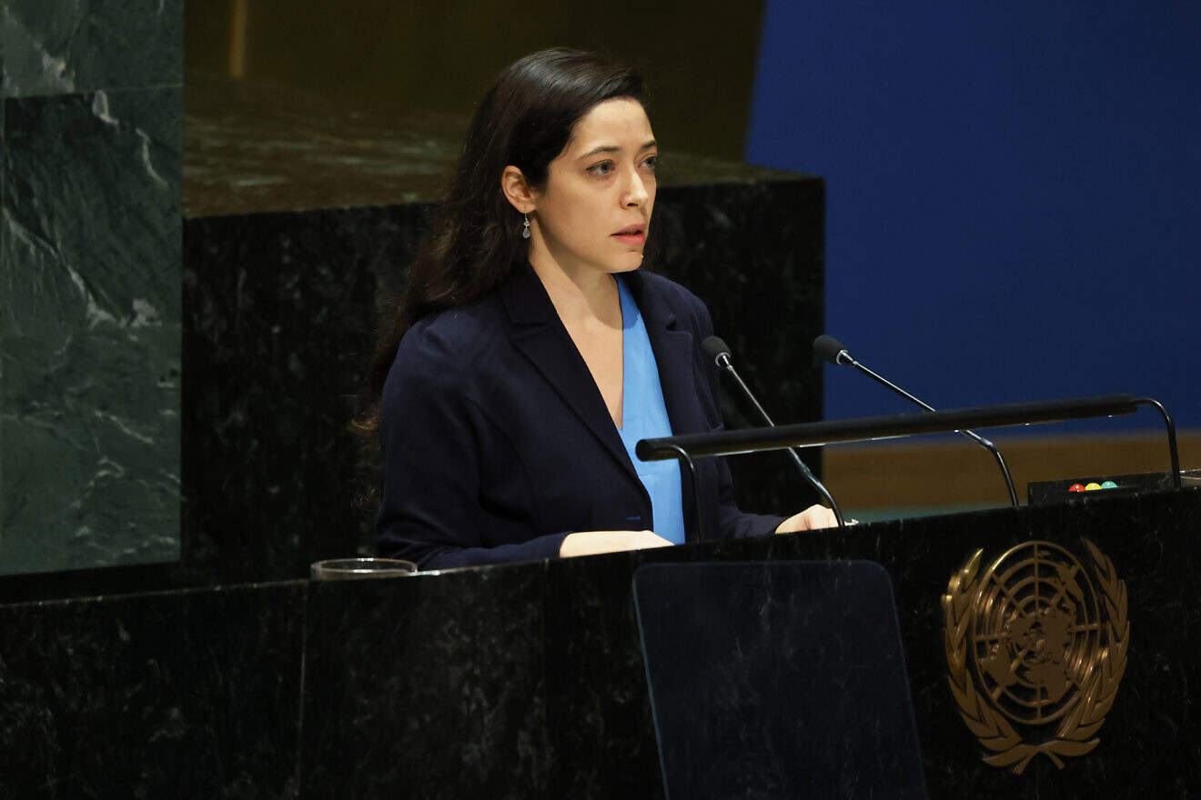 Reut Shapir Ben-Naftaly speaks during the General Assembly 39th plenary meeting at the headquarters of the United Nations in New York City on on Nov. 28, 2023. Photo by Michael M. Santiago/Getty Images.