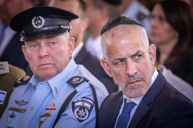 Shin Bet Director Ronen Bar (right) attends a state ceremony at the Mount Herzl Military Cemetery in Jerusalem marking the Hebrew calendar anniversary of the previous year's Hamas-led terrorist invasion, Oct. 27, 2024. Photo by Chaim Goldberg/Flash90.