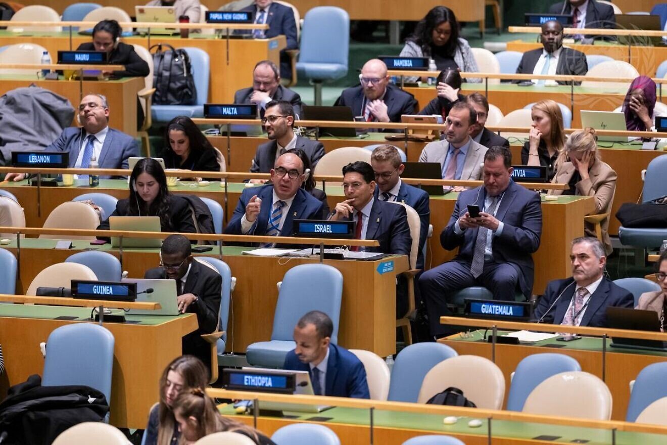 Danny Danon (center, with finger to his lips), the Israeli ambassador to the United Nations, and his delegation in the U.N. General Assembly Hall during the resumed 10th Emergency Special Session of the General Assembly on "Illegal Israeli actions in occupied East Jerusalem and the rest of the Occupied Palestinian Territory," Dec. 11, 2024. Credit: Manuel Elías/U.N. Photo.