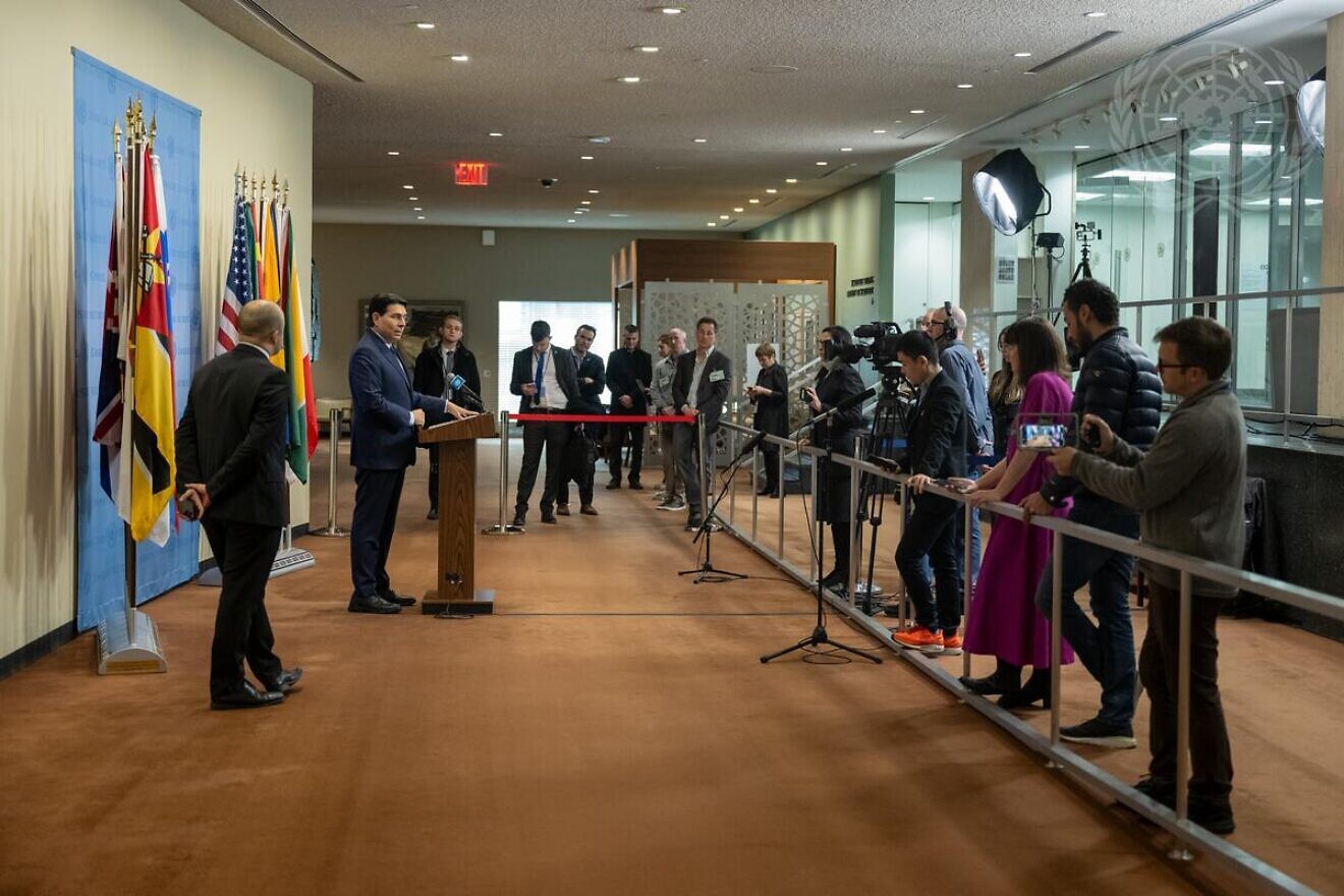 Danny Danon, Israeli ambassador to the United Nations, briefs reporters prior to the U.N. Security Council meeting on the Middle East, Dec. 18, 2024. Credit: Manuel Elías/U.N. Photo.