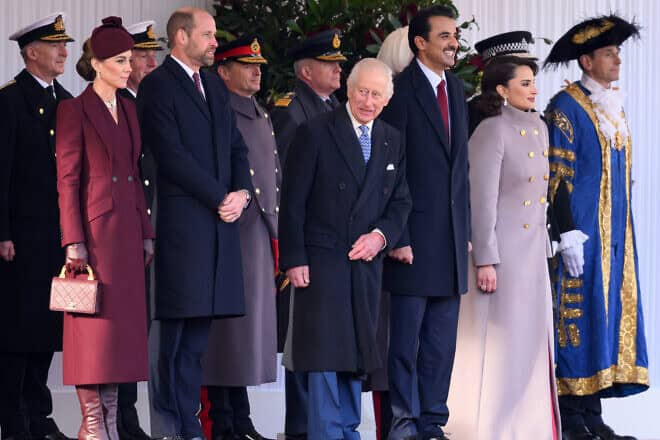 Members of the British Royal Family, including King Charles, welcome Sheikh Tamim bin Hamad Al Thani, emir of the State of Qatar and his wife, Sheikha Jawaher bint Hamad bin Suhaim Al Thani, in London on the first of a multiple-day state visit to the United Kingdom, Dec. 3, 2024. Photo by Karwai Tang/WireImage.