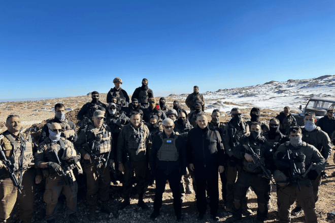 Israeli Prime Minister Benjamin Netanyahu, Defense Minister Israel Katz and other senior security officials at the peak of Mount Hermon, Dec. 17, 2024. Credit: Israeli Defense Ministry.