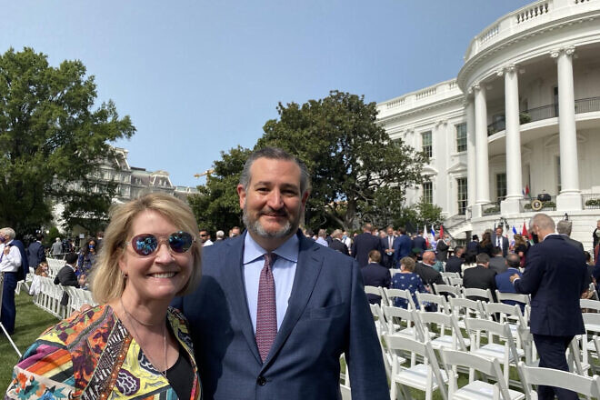 Victoria Coates poses with Sen. Ted Cruz (R-Texas), her former boss, at the signing of the Abraham Accords at the White House. Photo by Sen. Mike Lee (R-Utah), courtesy of Victoria Coates.