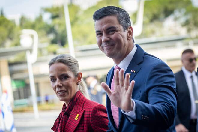 President Santiago Peña of Paraguay and his wife, Leticia Ocampos, arrive for a welcoming ceremony at the Knesset in Jerusalem on Dec. 11, 2024. Photo by Yonatan Sindel/Flash90.
