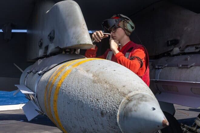 U.S. sailors aboard the “USS Harry S. Truman” prepare ordnance for strikes against Houthi targets in Yemen, December 2024. Credit: Courtesy of CENTCOM/U.S. Government.