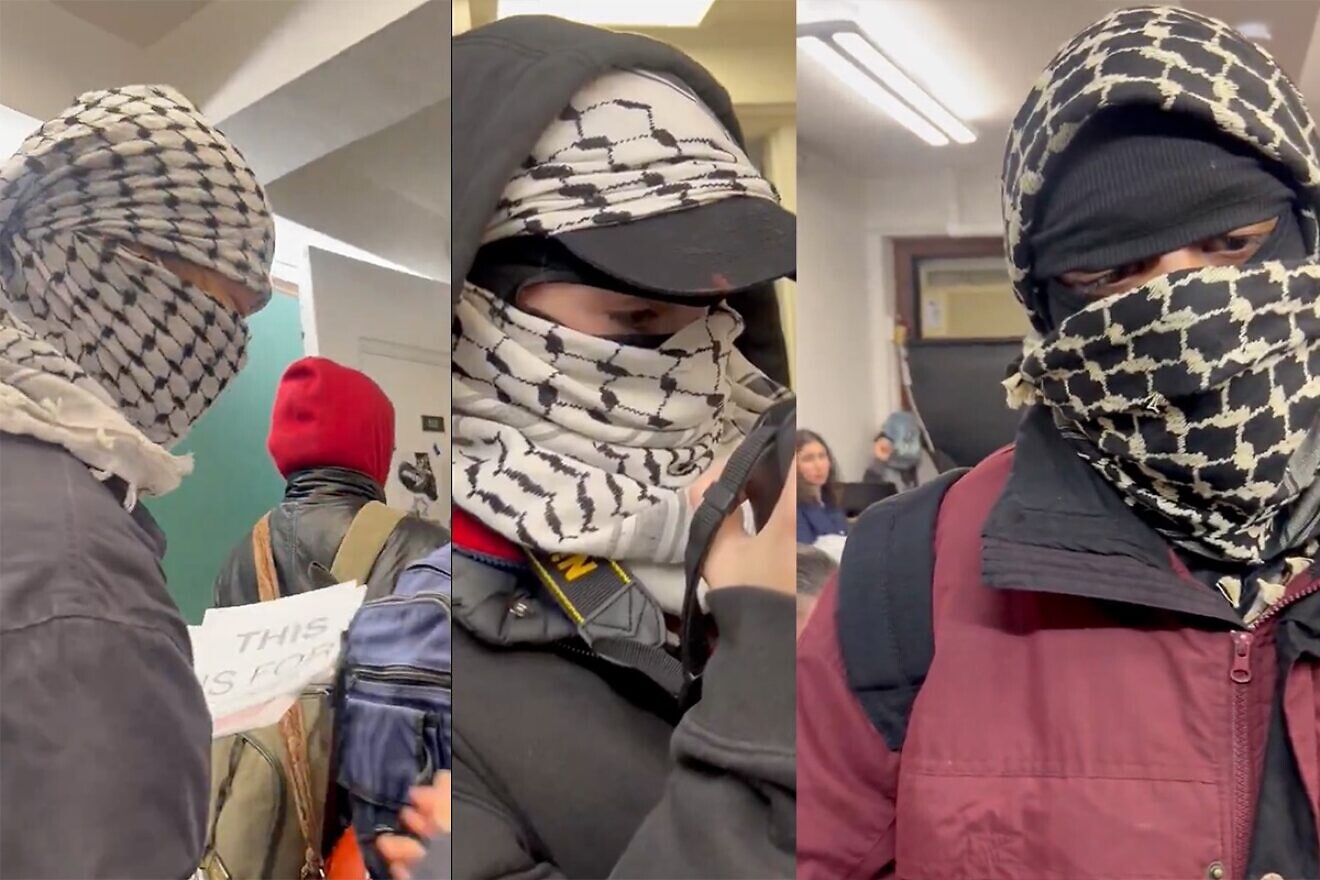 Screen captures from video that Elisha Baker, a Columbia University junior, took of anti-Israel protesters disrupting an Israeli professor's class at the school, Jan. 21, 2025. Credit: Courtesy of Elisha Baker.