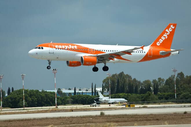 An EasyJet flight takes off from Ben-Gurion International Airport, on April 11, 2018. Photo by Moshe Shai/Flash90.