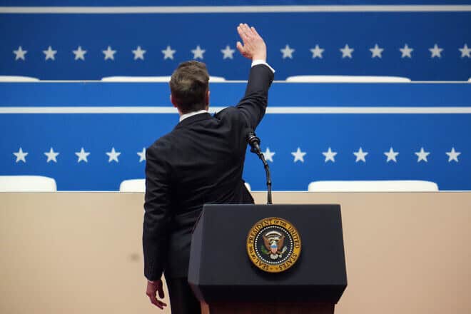 Elon Musk, CEO of Tesla, SpaceX and X, gestures while speaking during an inauguration event ushering in U.S. President Donald Trump for a second term, at Capital One Arena in Washington, D.C., on Jan. 20, 2025. Photo by Christopher Furlong/Getty Images.