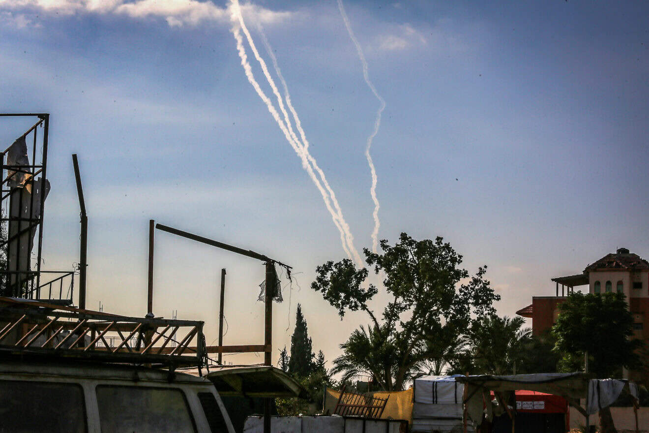 Smoke trails are seen after rocket fire from the Gaza Strip towards Israel, on Sept. 26, 2024. Photo by Abed Rahim Khatib/Flash90.